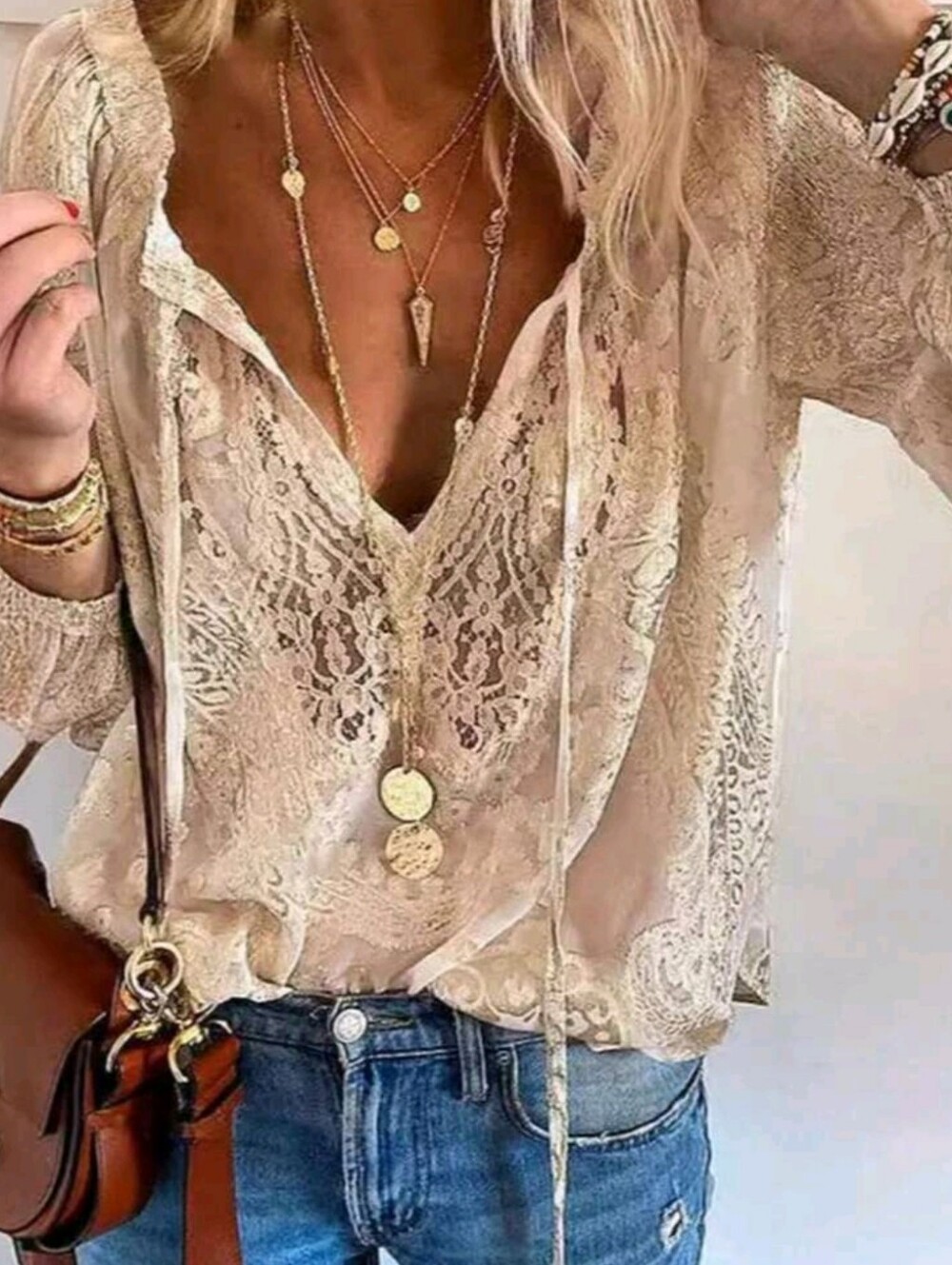 Lace V-Neck Blouse in Beige — Women's Lightweight Top